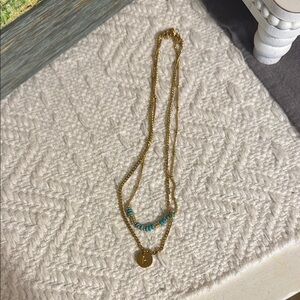 Gold and Green Layered Necklace with Pear Pendant